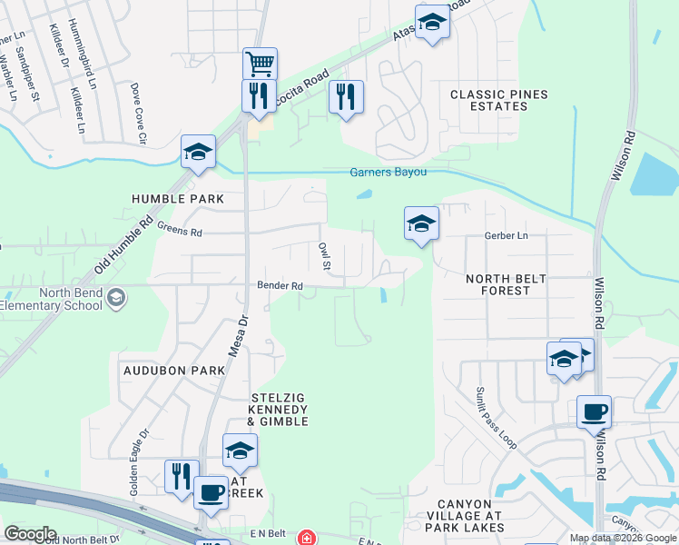 map of restaurants, bars, coffee shops, grocery stores, and more near 15803 Owl Street in Humble