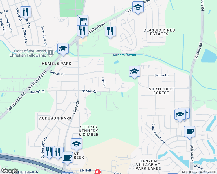 map of restaurants, bars, coffee shops, grocery stores, and more near 15811 Nutcracker Court in Humble
