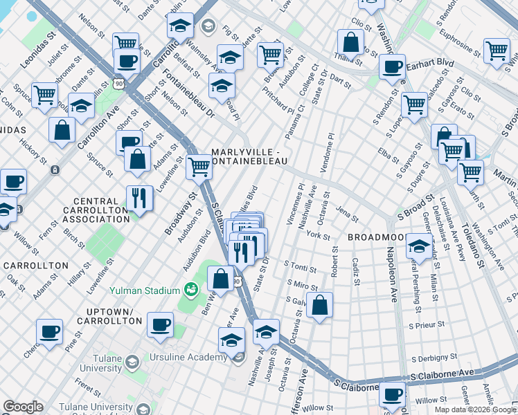 map of restaurants, bars, coffee shops, grocery stores, and more near 3326 Calhoun Street in New Orleans