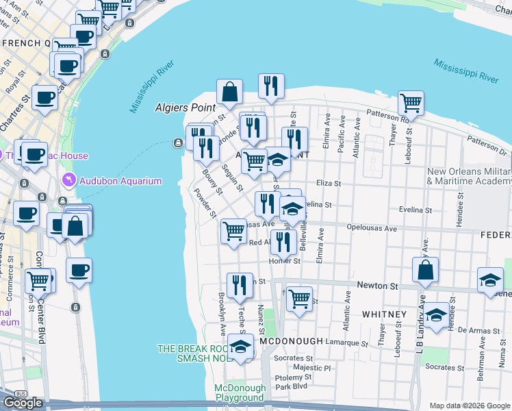 map of restaurants, bars, coffee shops, grocery stores, and more near 1017301 Verret Street in New Orleans