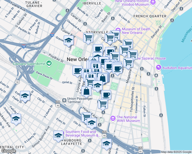 map of restaurants, bars, coffee shops, grocery stores, and more near 549 Baronne Street in New Orleans