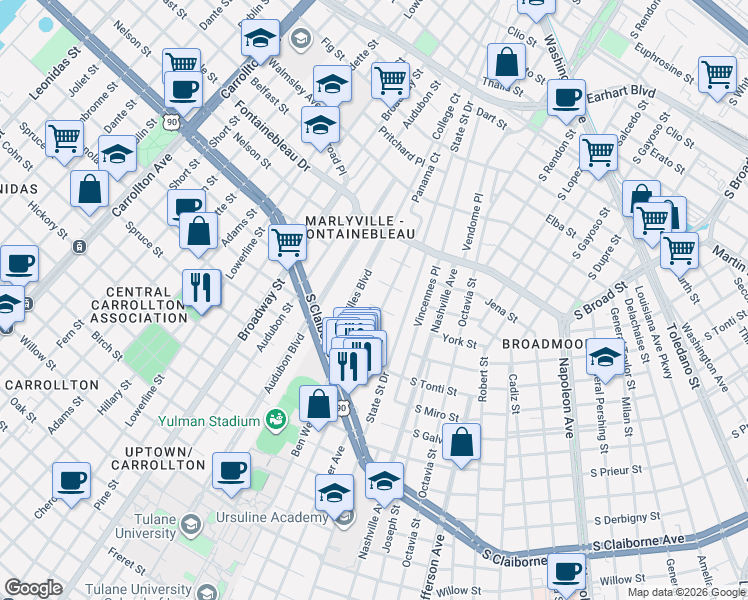 map of restaurants, bars, coffee shops, grocery stores, and more near 3326 Calhoun Street in New Orleans
