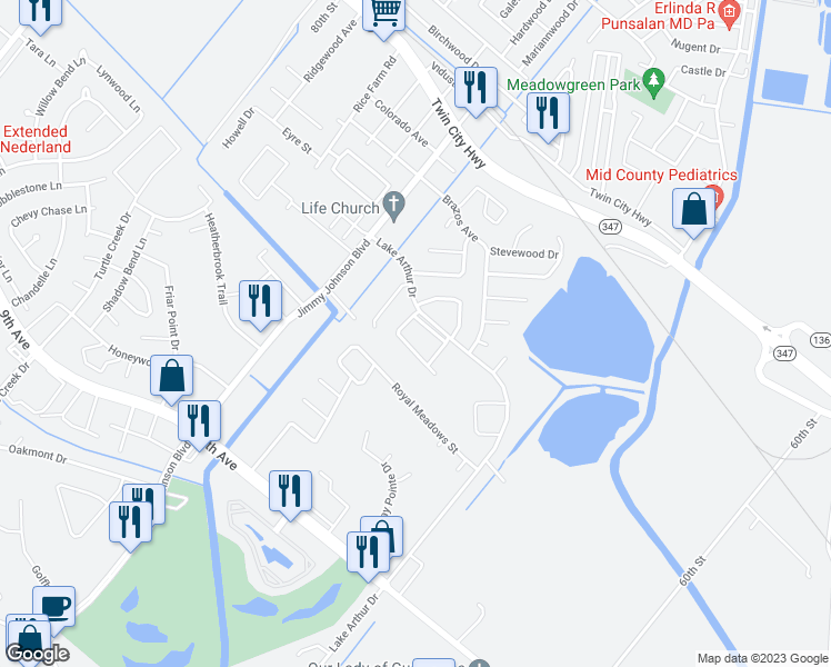 map of restaurants, bars, coffee shops, grocery stores, and more near 7201 Lake Arthur Drive in Port Arthur
