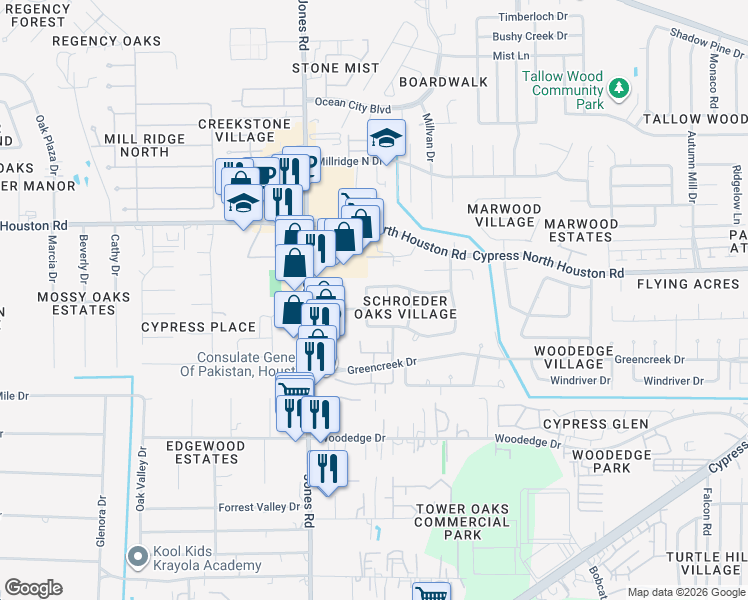 map of restaurants, bars, coffee shops, grocery stores, and more near 10702 Knoll Bend Lane in Houston