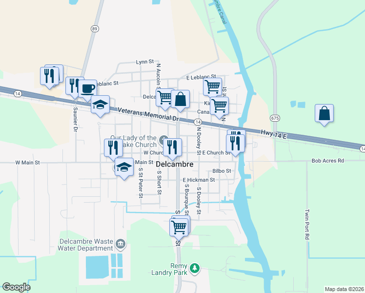 map of restaurants, bars, coffee shops, grocery stores, and more near North Fernand Street in Delcambre