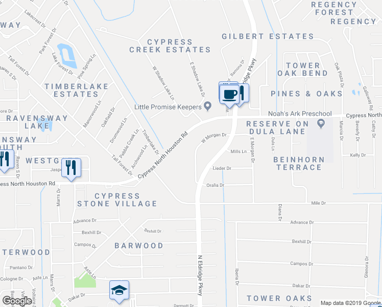 map of restaurants, bars, coffee shops, grocery stores, and more near 12023 West Morgan Drive in Houston
