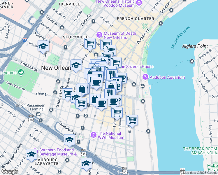 map of restaurants, bars, coffee shops, grocery stores, and more near 508 Natchez Street in New Orleans
