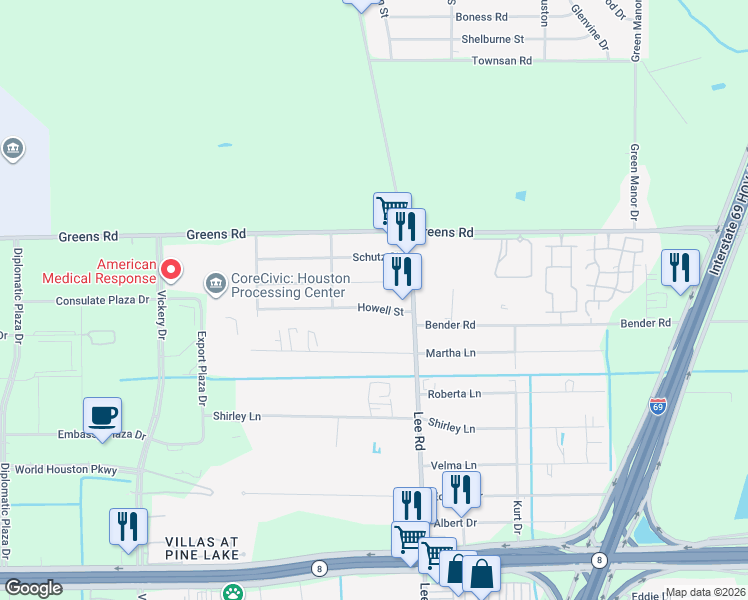 map of restaurants, bars, coffee shops, grocery stores, and more near 5730 Howell Street in Houston