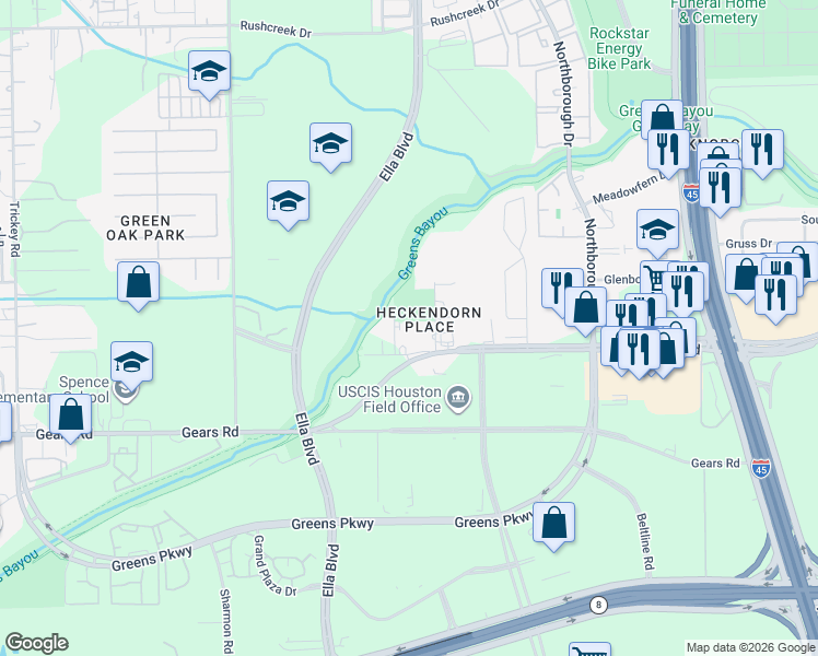 map of restaurants, bars, coffee shops, grocery stores, and more near 1018 West Greens Road in Houston