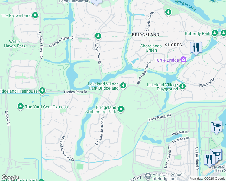 map of restaurants, bars, coffee shops, grocery stores, and more near 17210 Meek Pass Drive in Cypress