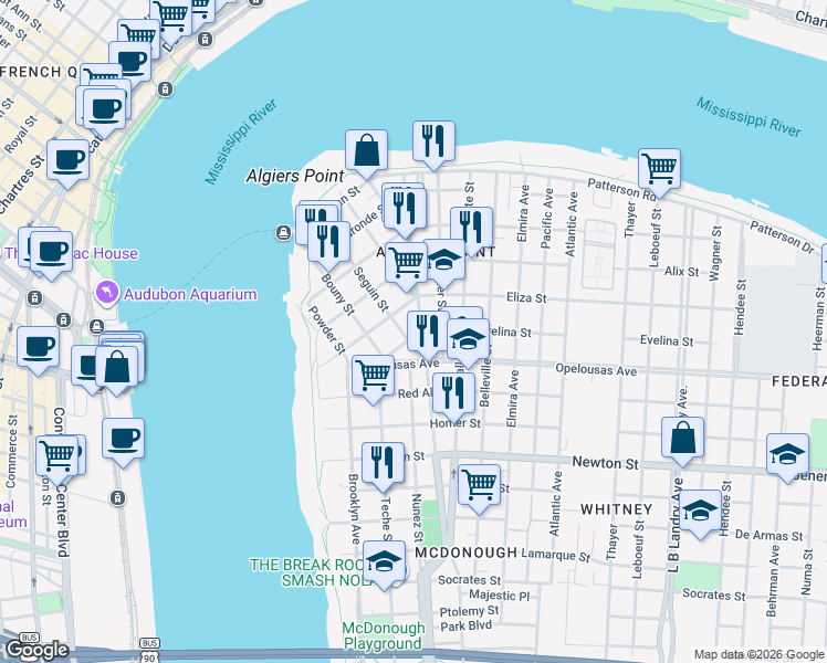 map of restaurants, bars, coffee shops, grocery stores, and more near 1017301 Verret Street in New Orleans