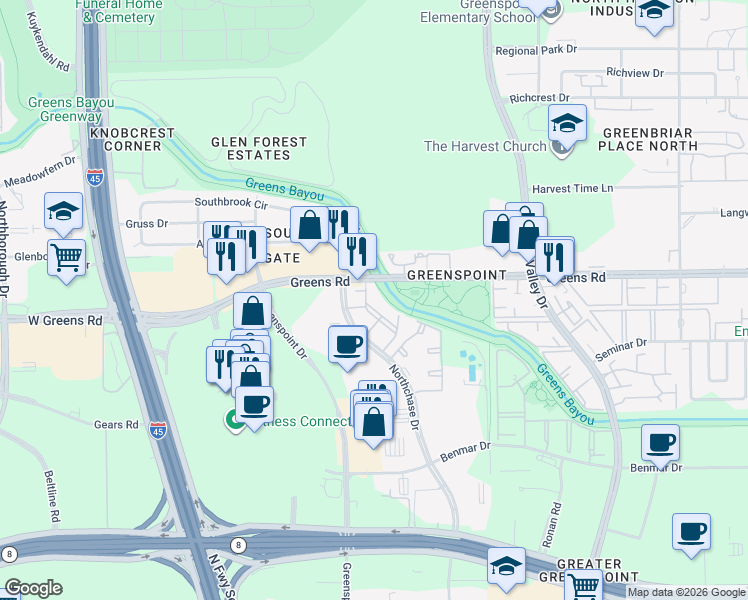 map of restaurants, bars, coffee shops, grocery stores, and more near 400 Greens Road in Houston
