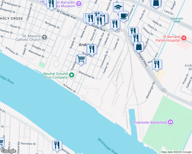 map of restaurants, bars, coffee shops, grocery stores, and more near 413 Community Street in Arabi