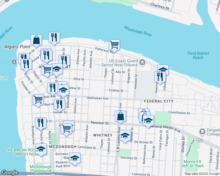 map of restaurants, bars, coffee shops, grocery stores, and more near 611 Leboeuf Street in New Orleans