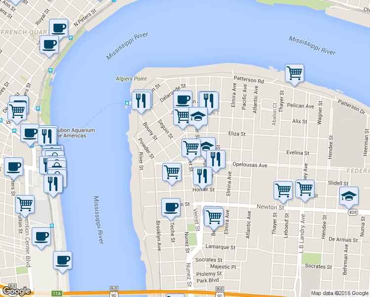 map of restaurants, bars, coffee shops, grocery stores, and more near 1017301 Verret Street in New Orleans