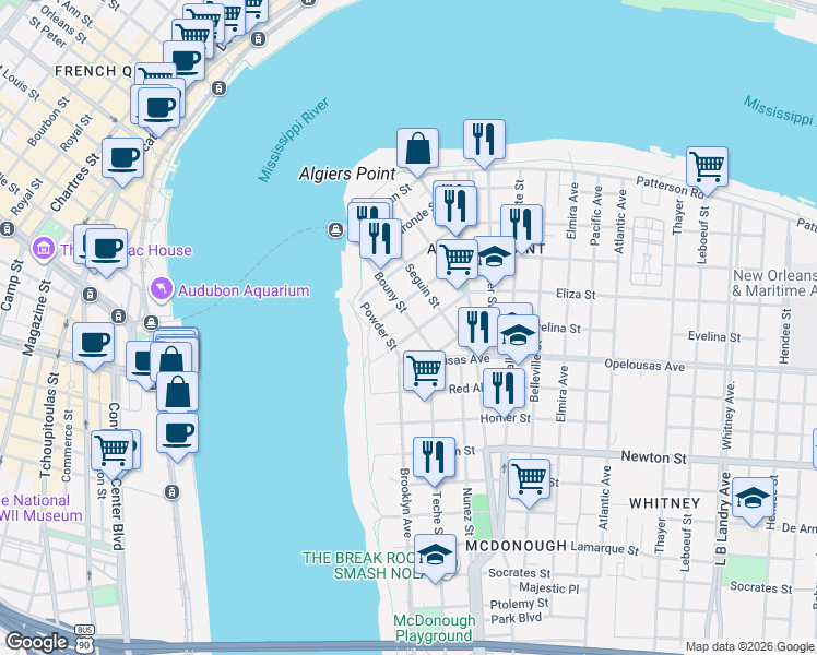 map of restaurants, bars, coffee shops, grocery stores, and more near 334 Opelousas Avenue in New Orleans
