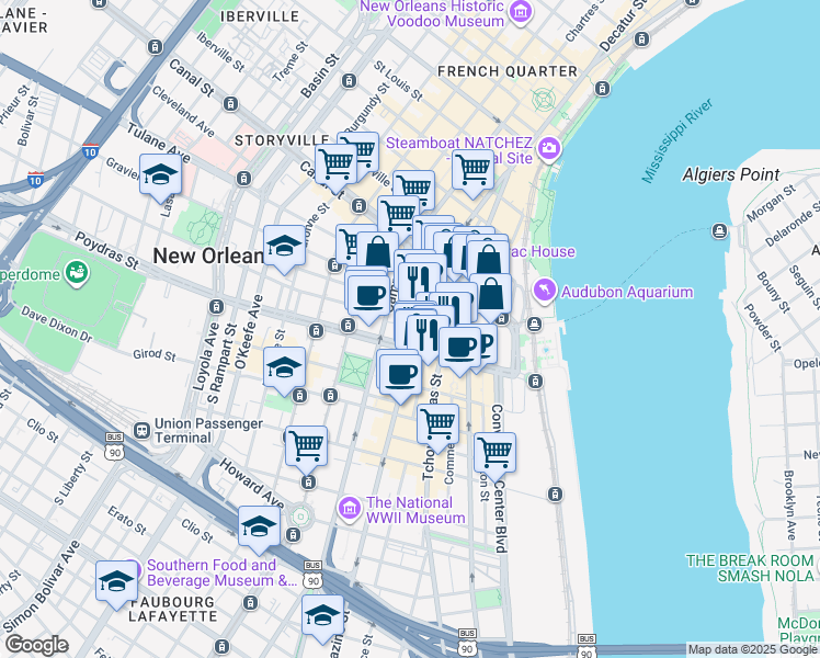 map of restaurants, bars, coffee shops, grocery stores, and more near 419 Poydras Street in New Orleans
