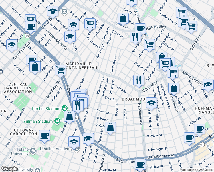 map of restaurants, bars, coffee shops, grocery stores, and more near 3639 Nashville Avenue in New Orleans