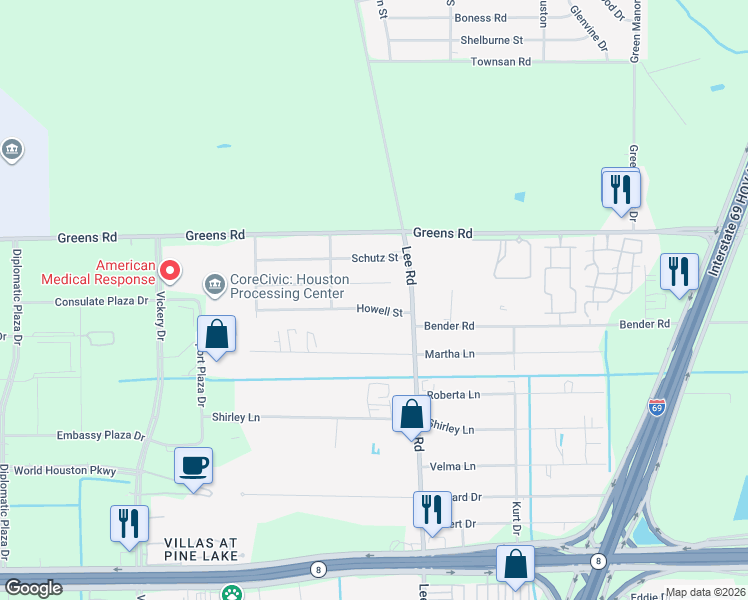map of restaurants, bars, coffee shops, grocery stores, and more near 5730 Howell Street in Houston