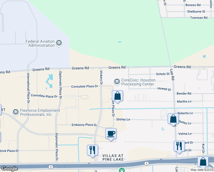 map of restaurants, bars, coffee shops, grocery stores, and more near 15850 Vickery Drive in Houston