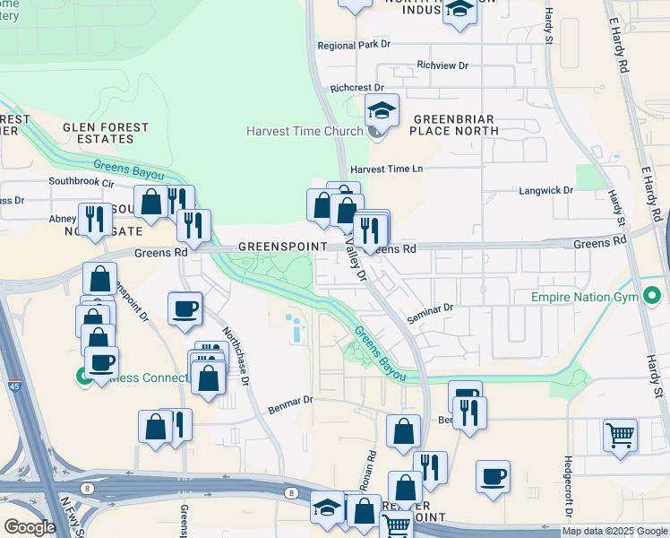 map of restaurants, bars, coffee shops, grocery stores, and more near 17435 Imperial Valley Drive in Houston
