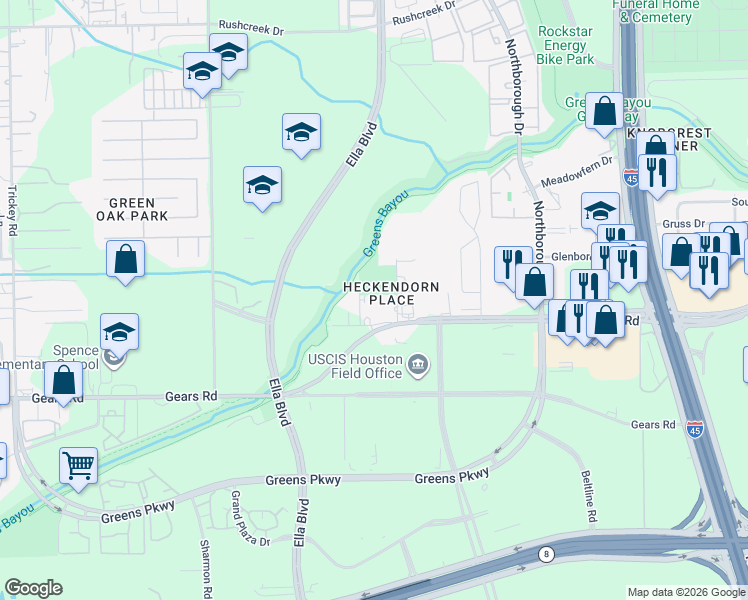 map of restaurants, bars, coffee shops, grocery stores, and more near 1018 West Greens Road in Houston