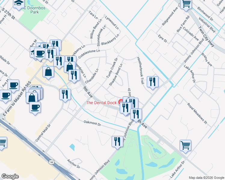 map of restaurants, bars, coffee shops, grocery stores, and more near 8106 Honeywood Trail in Port Arthur