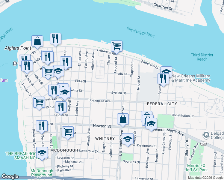 map of restaurants, bars, coffee shops, grocery stores, and more near 611 Leboeuf Street in New Orleans