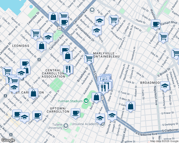 map of restaurants, bars, coffee shops, grocery stores, and more near 248 Audubon Boulevard in New Orleans