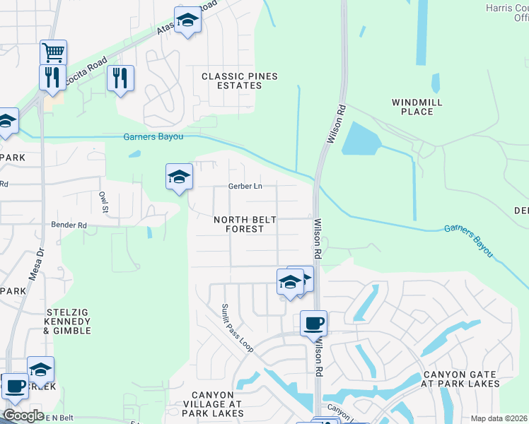 map of restaurants, bars, coffee shops, grocery stores, and more near 9338 Greens Road in Humble