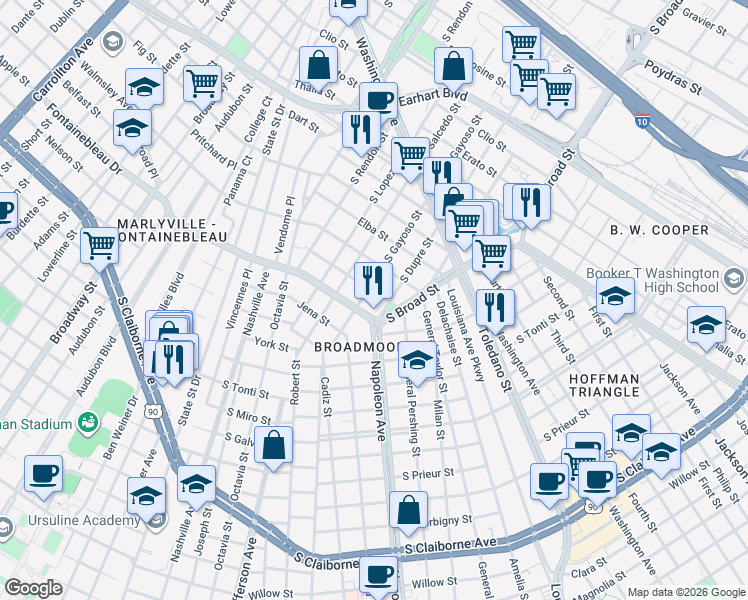 map of restaurants, bars, coffee shops, grocery stores, and more near 4116 Fontainebleau Drive in New Orleans