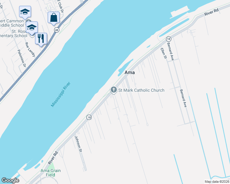 map of restaurants, bars, coffee shops, grocery stores, and more near 10757 River Road in Ama