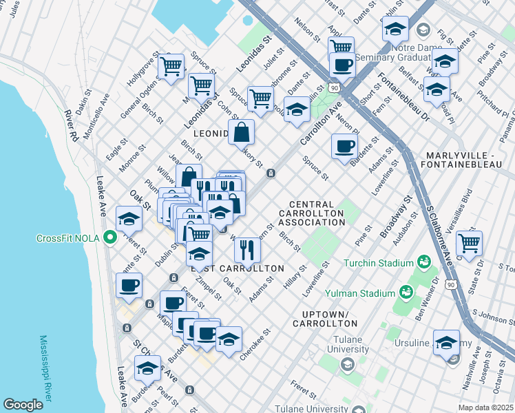 map of restaurants, bars, coffee shops, grocery stores, and more near 1607 South Carrollton Avenue in New Orleans