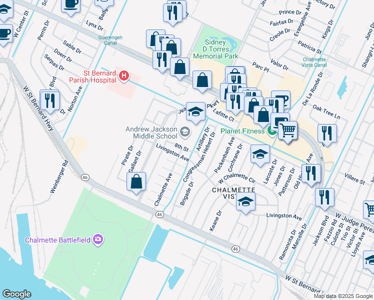 map of restaurants, bars, coffee shops, grocery stores, and more near 201 8th Street in Chalmette