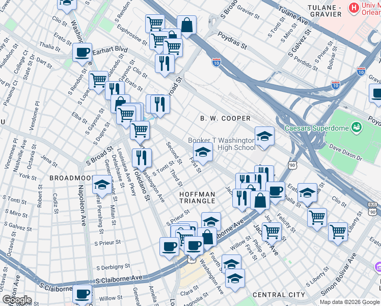 map of restaurants, bars, coffee shops, grocery stores, and more near 1402 South Tonti Street in New Orleans