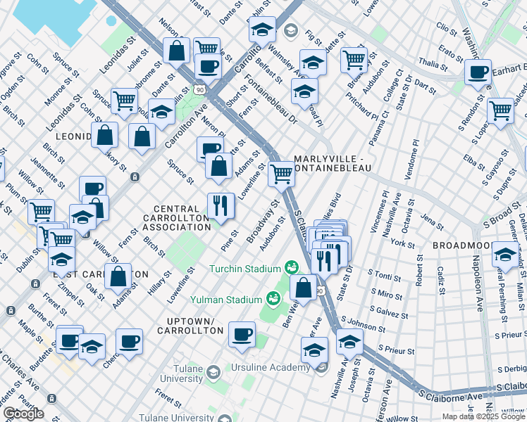 map of restaurants, bars, coffee shops, grocery stores, and more near 2200 Broadway Street in New Orleans
