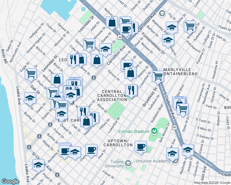 map of restaurants, bars, coffee shops, grocery stores, and more near 1919 Burdette Street in New Orleans