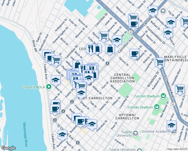 map of restaurants, bars, coffee shops, grocery stores, and more near 8122 Birch Street in New Orleans