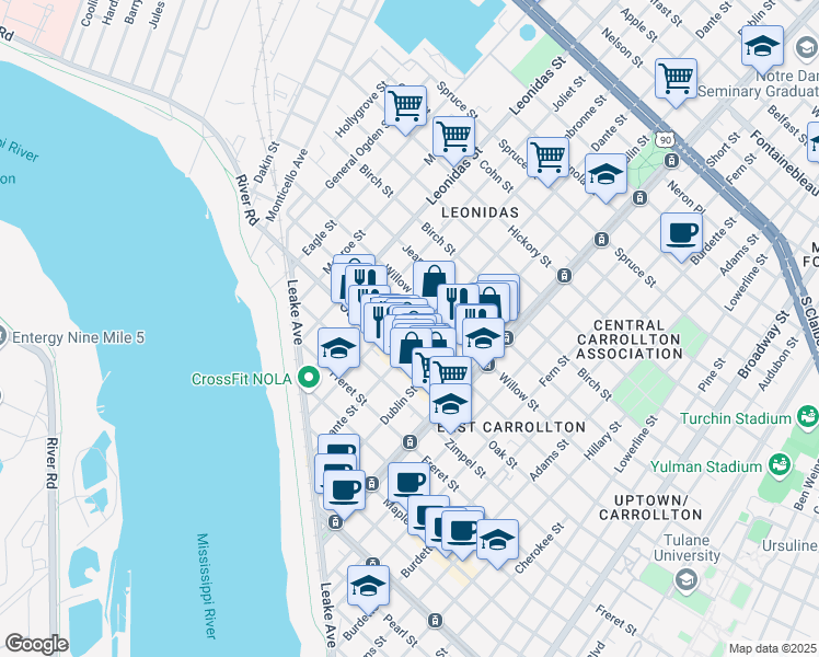 map of restaurants, bars, coffee shops, grocery stores, and more near 8322 Willow Street in New Orleans