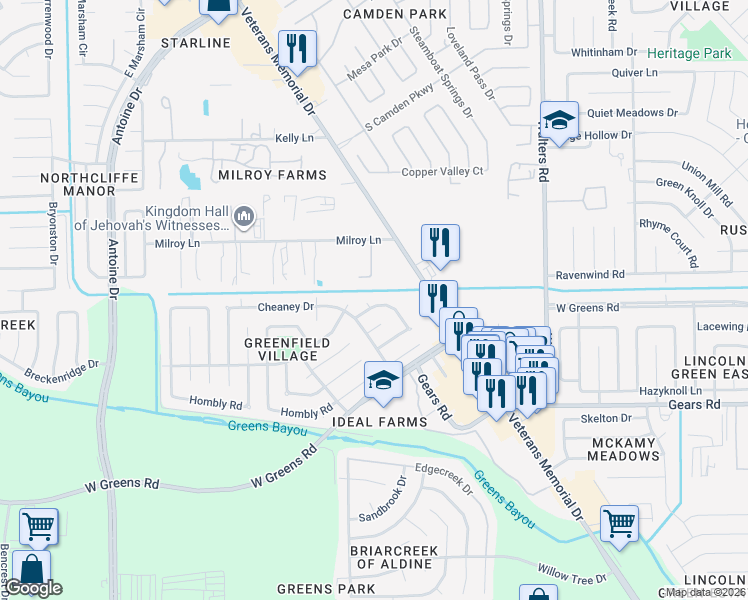 map of restaurants, bars, coffee shops, grocery stores, and more near 2541 Milroy Lane in Houston