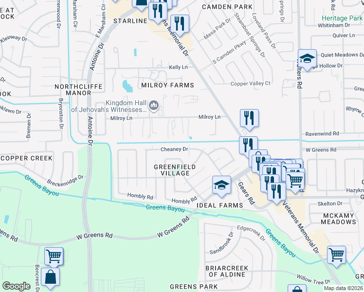 map of restaurants, bars, coffee shops, grocery stores, and more near 2617 Milroy Lane in Houston