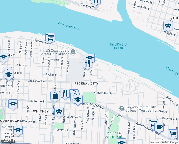 map of restaurants, bars, coffee shops, grocery stores, and more near 501 O'Bannon Street in New Orleans