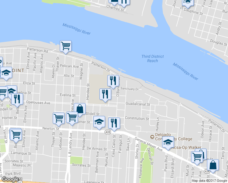 map of restaurants, bars, coffee shops, grocery stores, and more near 501 O'Bannon Street in New Orleans