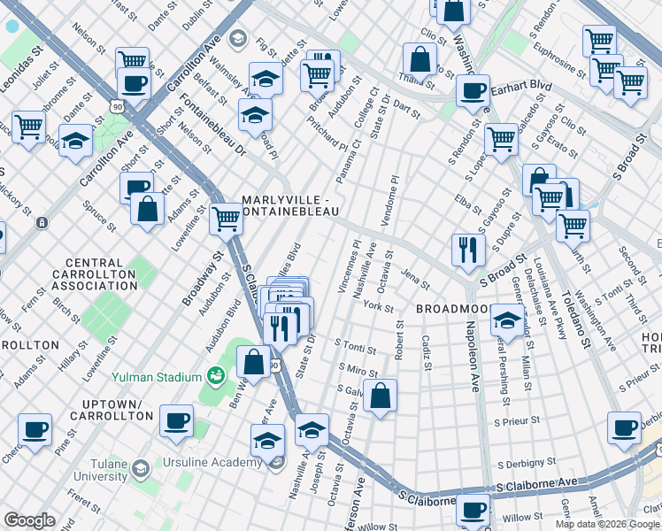 map of restaurants, bars, coffee shops, grocery stores, and more near 3810 State Street Drive in New Orleans
