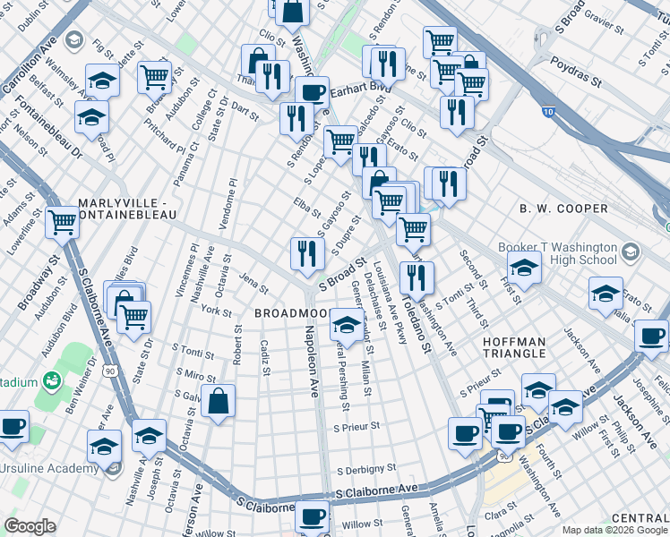 map of restaurants, bars, coffee shops, grocery stores, and more near 1903 South Dupre Street in New Orleans