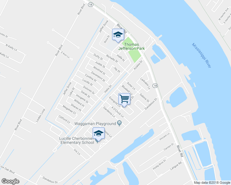 map of restaurants, bars, coffee shops, grocery stores, and more near 1 Daffodil Lane in Westwego