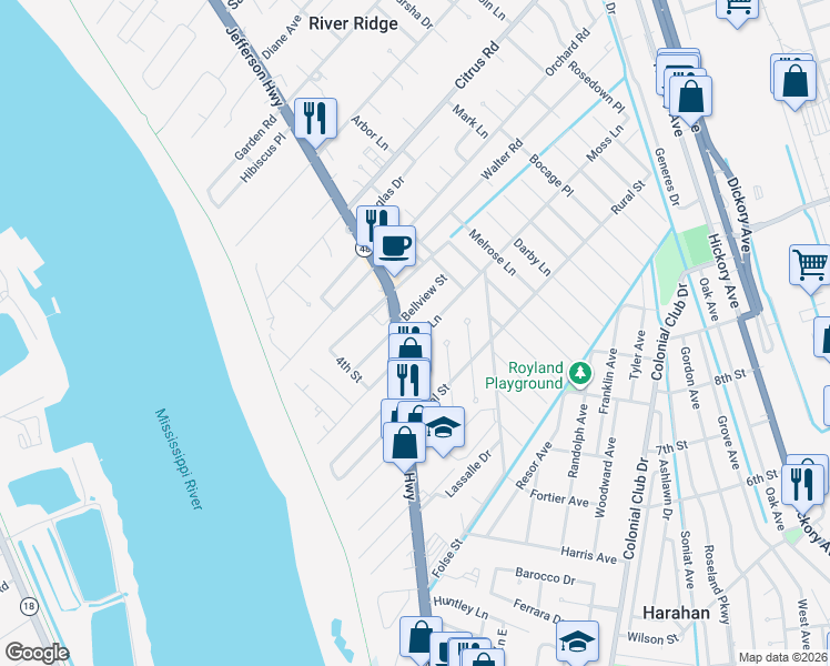 map of restaurants, bars, coffee shops, grocery stores, and more near 513 Bellview Street in River Ridge