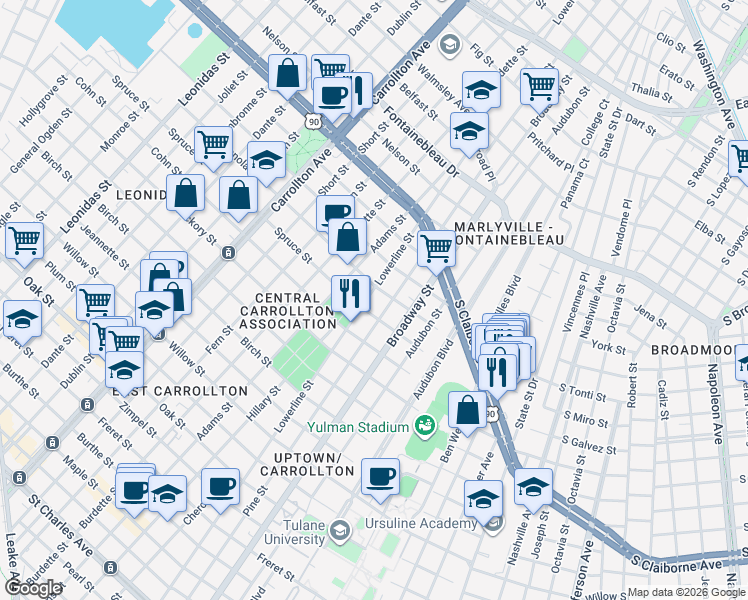 map of restaurants, bars, coffee shops, grocery stores, and more near 7323 Panola Street in New Orleans