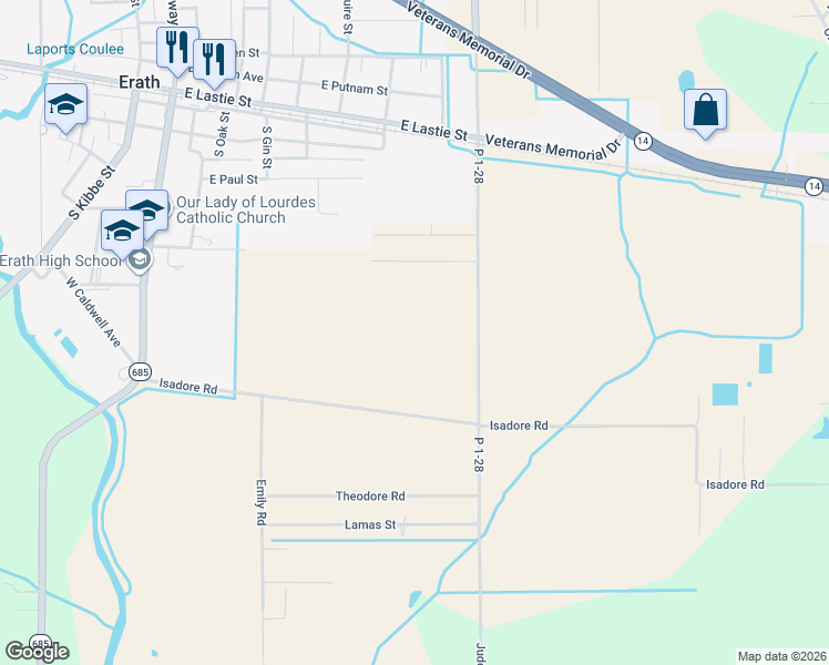 map of restaurants, bars, coffee shops, grocery stores, and more near in Erath