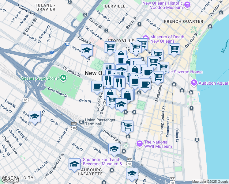 map of restaurants, bars, coffee shops, grocery stores, and more near 930 Poydras Street in New Orleans